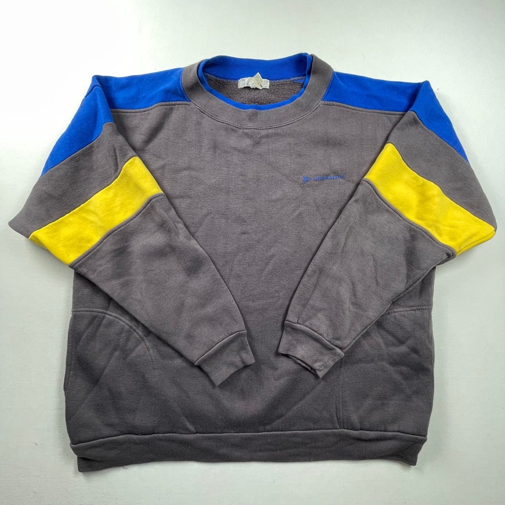 Vintage 90s Dunlop Sport‎ Colorblock Sweatshirt XL Grey Blue Fleece Pockets Flaw